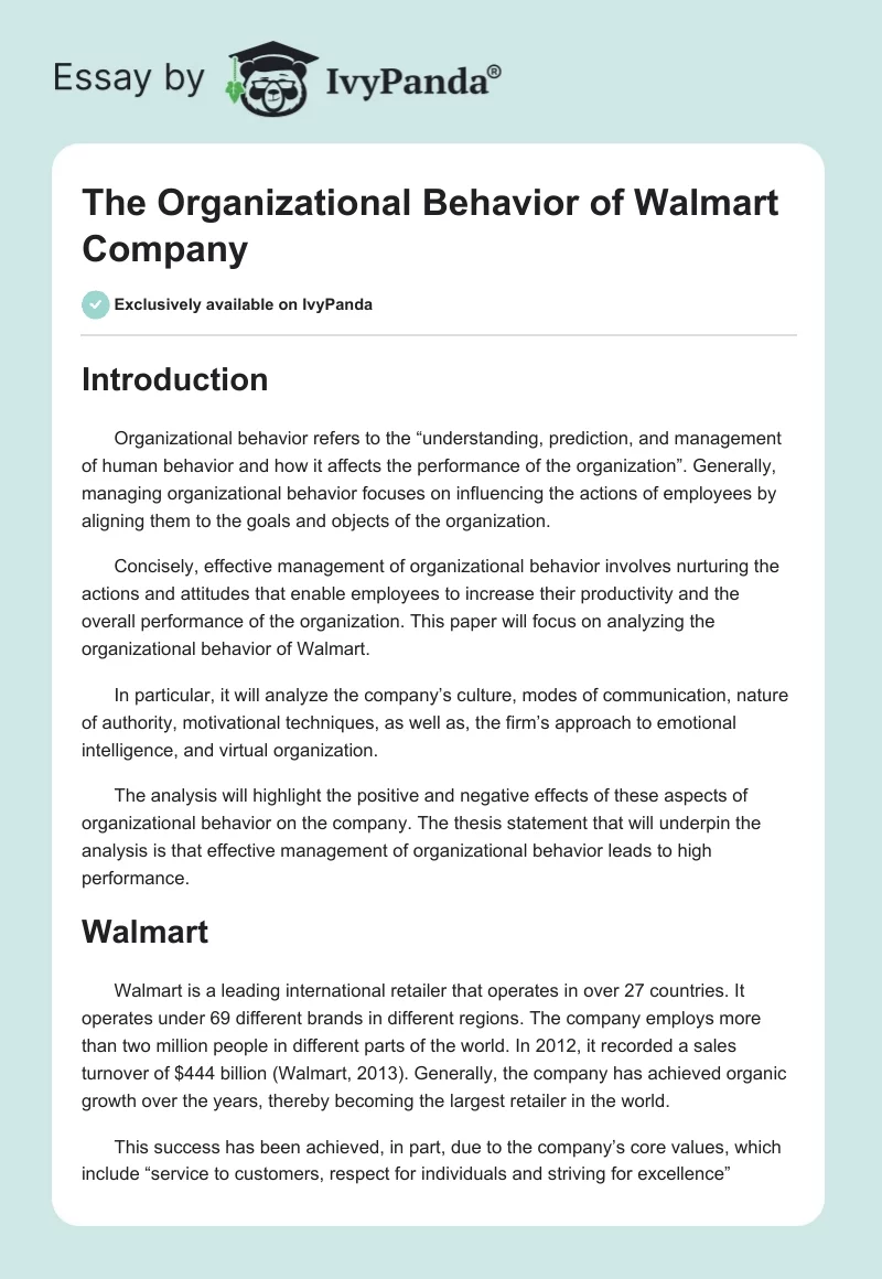 The Organizational Behavior of Walmart Company. Page 1