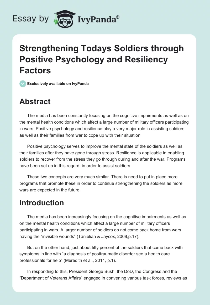 Strengthening Todays Soldiers Through Positive Psychology and Resiliency Factors. Page 1