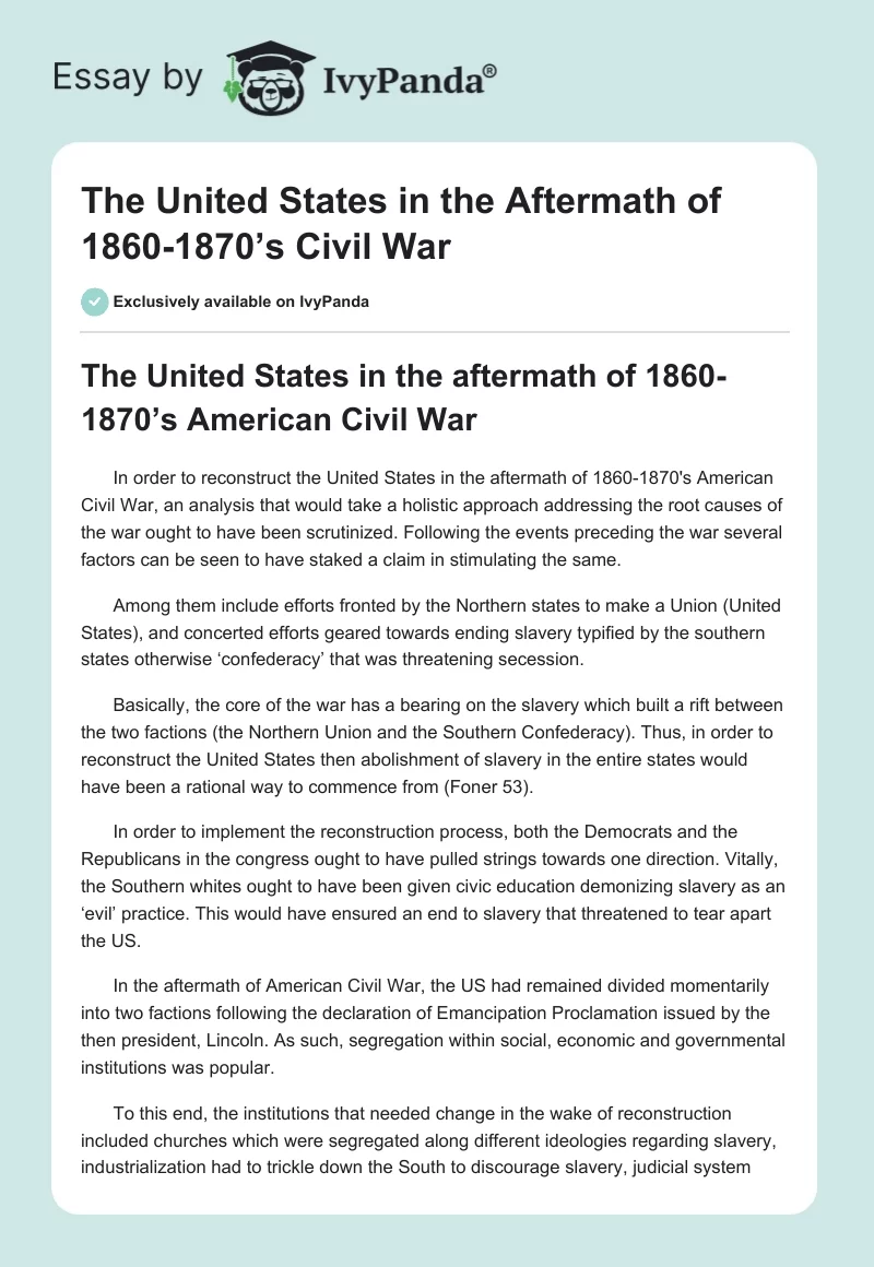 The United States in the Aftermath of 1860-1870’s Civil War. Page 1