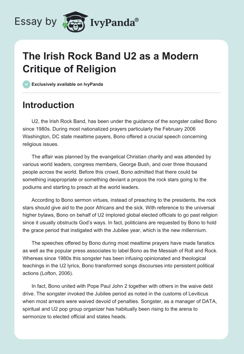 The Irish Rock Band U2 as a Modern Critique of Religion. Page 1
