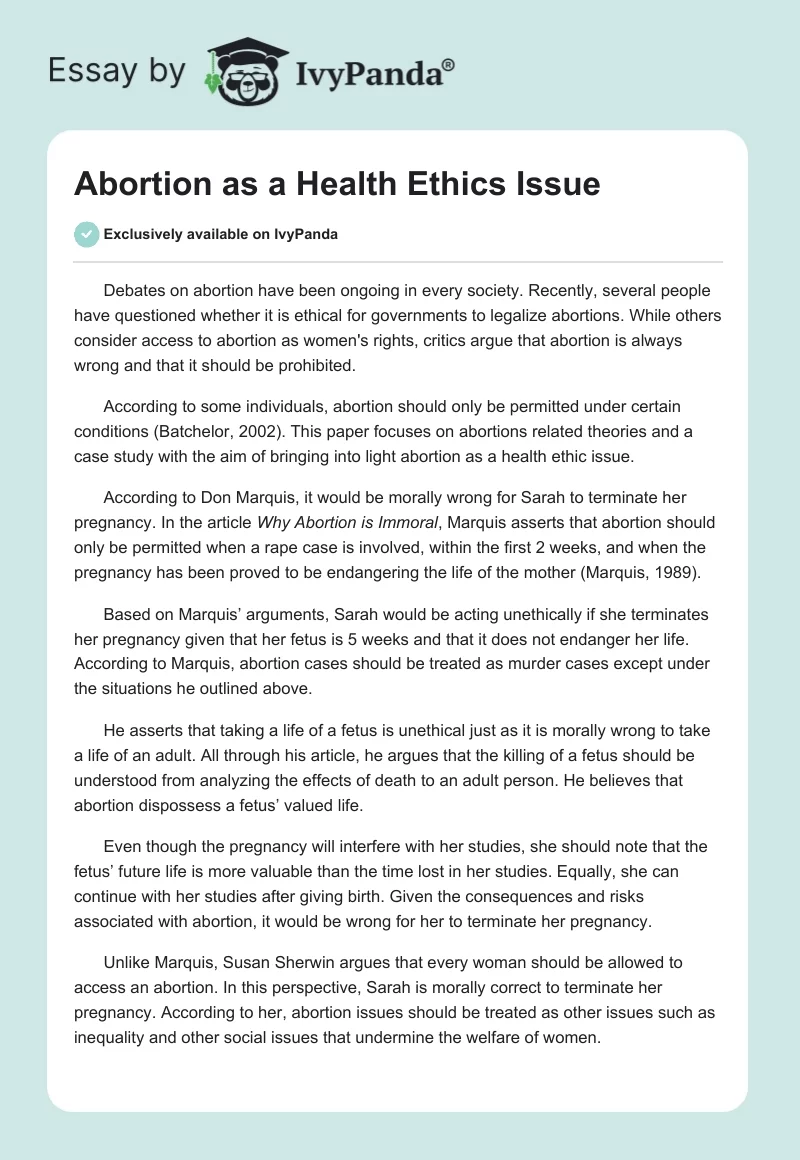 Abortion as a Health Ethics Issue. Page 1
