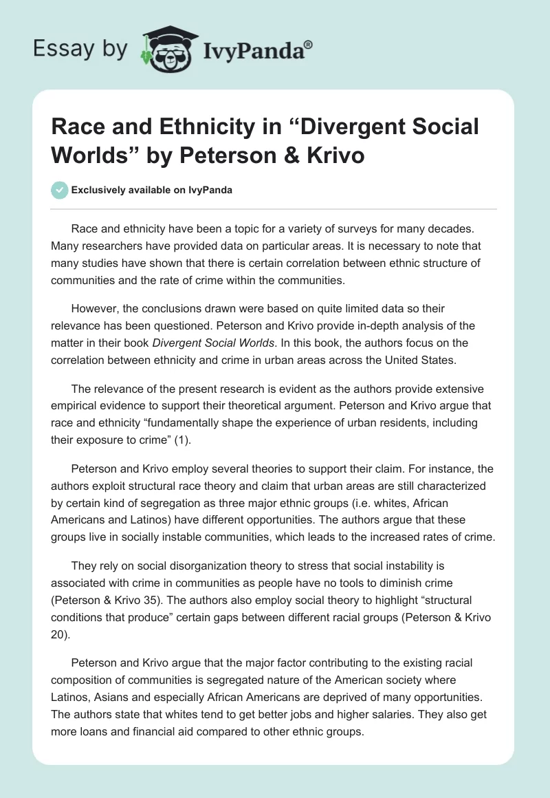 Race and Ethnicity in “Divergent Social Worlds” by Peterson & Krivo. Page 1