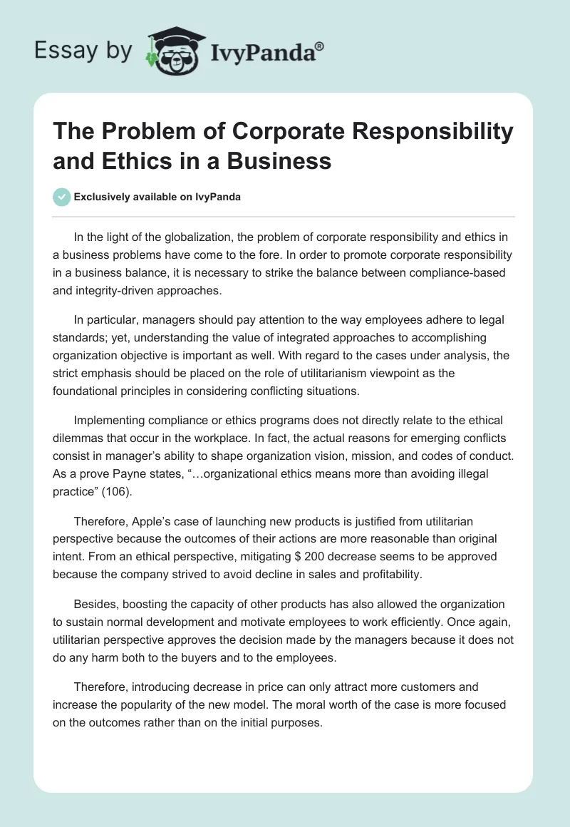 The Problem of Corporate Responsibility and Ethics in a Business. Page 1