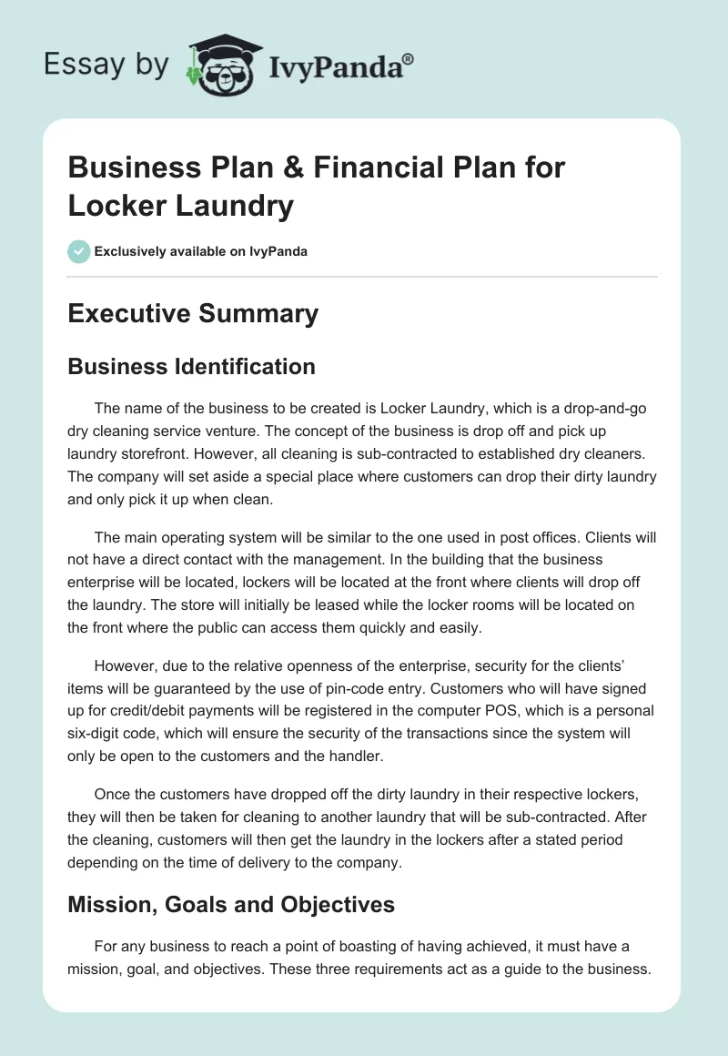 Business Plan & Financial Plan for Locker Laundry. Page 1