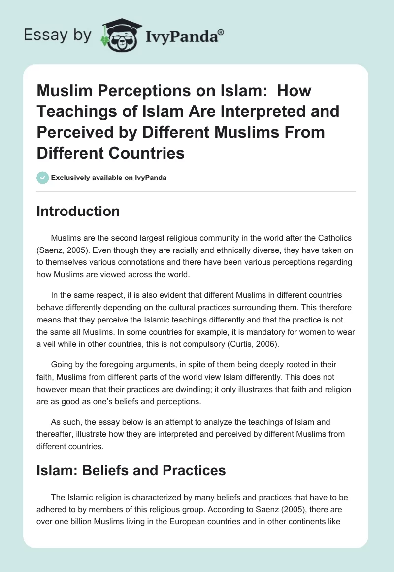 Muslim Perceptions on Islam:  How Teachings of Islam Are Interpreted and Perceived by Different Muslims From Different Countries. Page 1