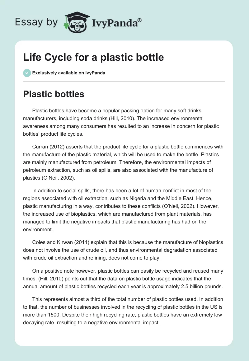 Life Cycle for a plastic bottle. Page 1