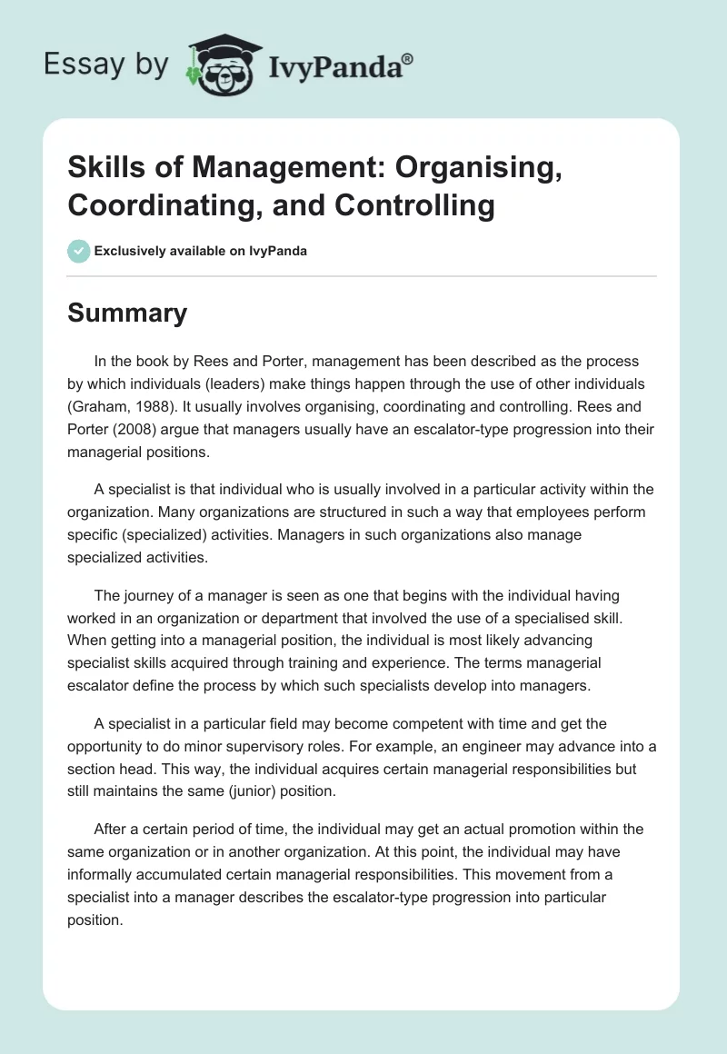 Skills of Management: Organising, Coordinating, and Controlling. Page 1