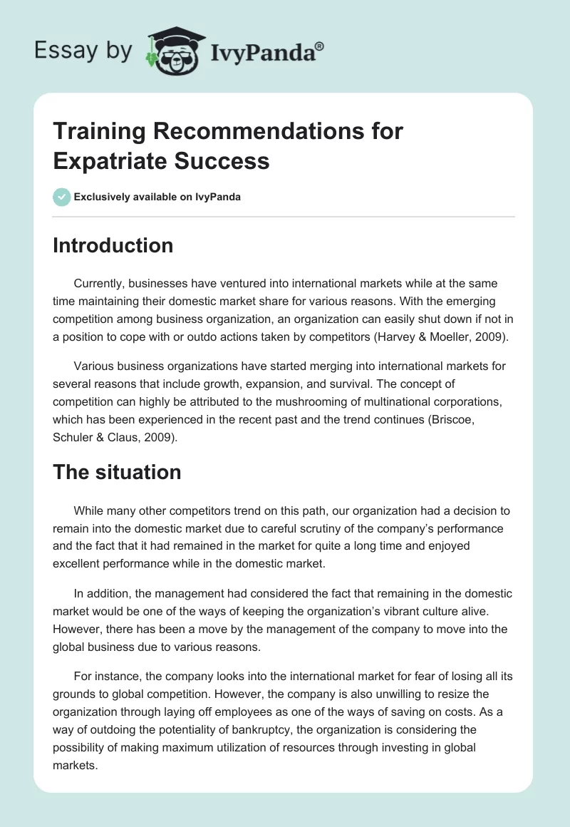Training Recommendations for Expatriate Success. Page 1