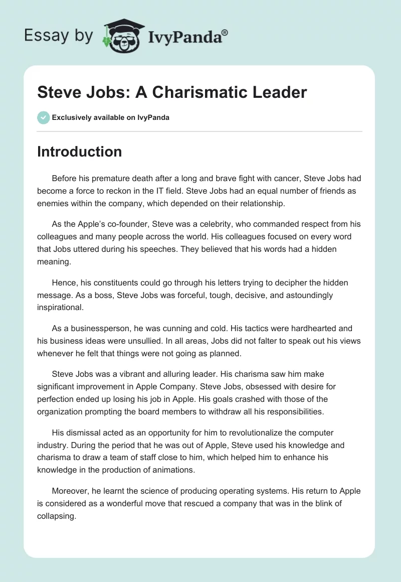 Steve Jobs: A Charismatic Leader. Page 1