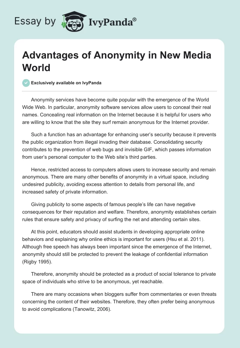 Advantages of Anonymity in New Media World. Page 1