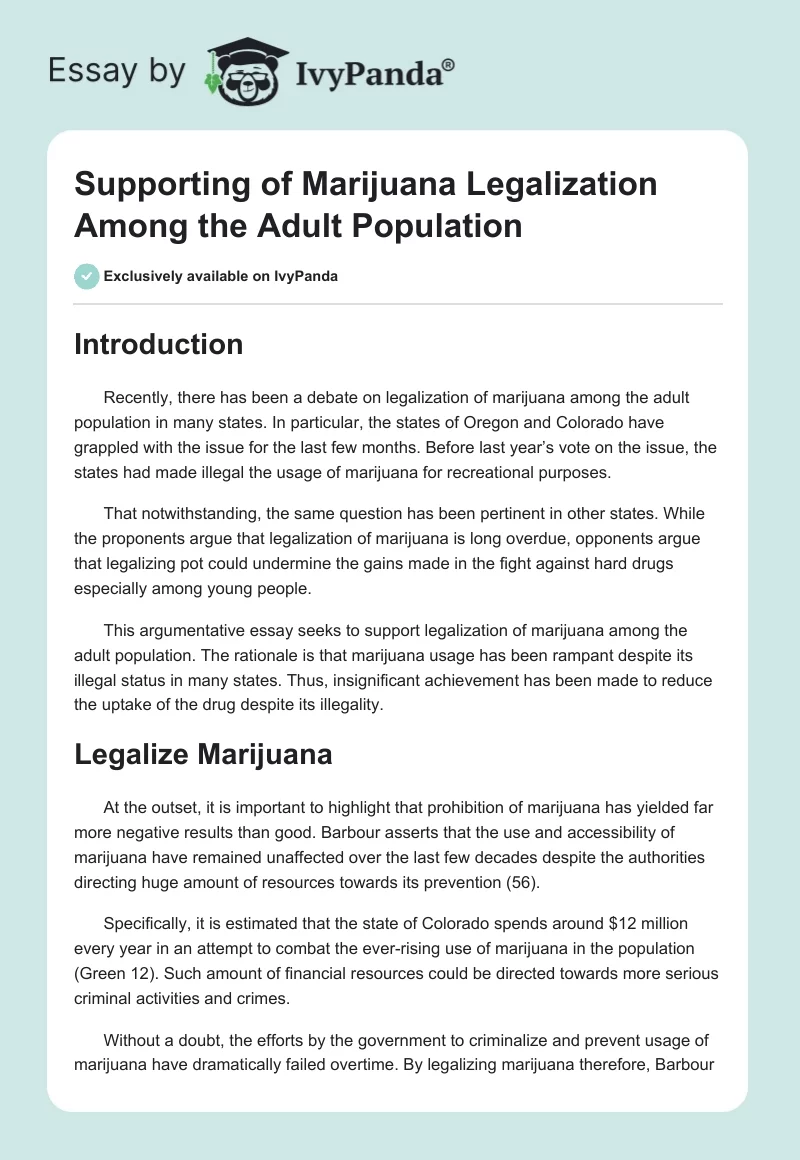 Supporting of Marijuana Legalization Among the Adult Population. Page 1