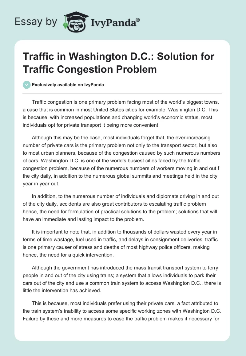 Traffic in Washington D.C.: Solution for Traffic Congestion Problem. Page 1