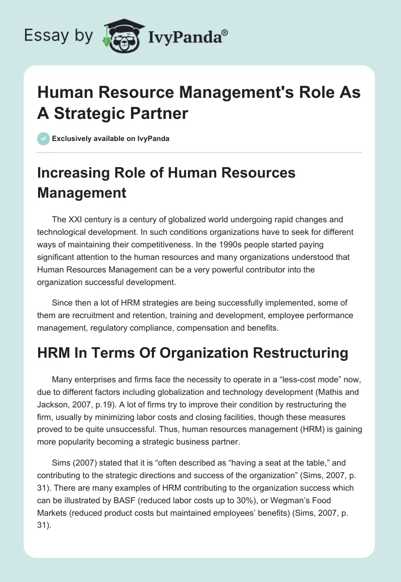Human Resource Management's Role As A Strategic Partner. Page 1