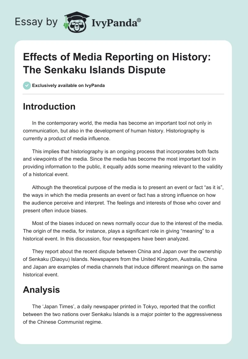 Effects of Media Reporting on History: The Senkaku Islands Dispute. Page 1