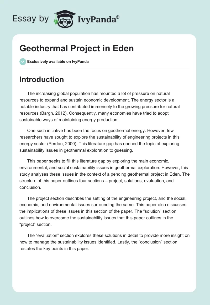 Geothermal Project in Eden. Page 1