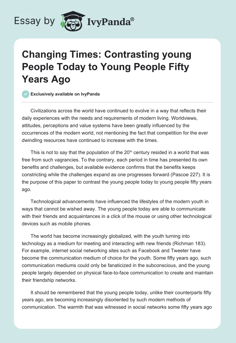 Changing Times: Contrasting young People Today to Young People Fifty Years Ago. Page 1