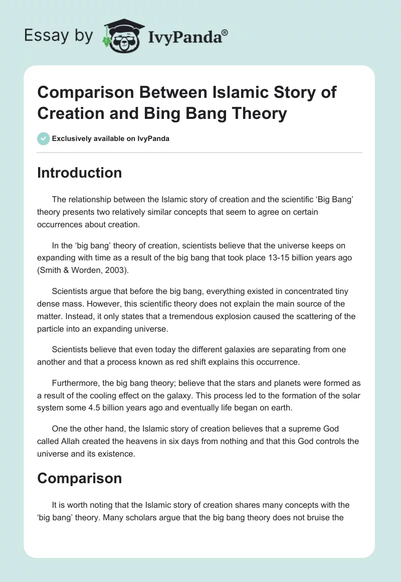 Comparison Between Islamic Story of Creation and Bing Bang Theory. Page 1