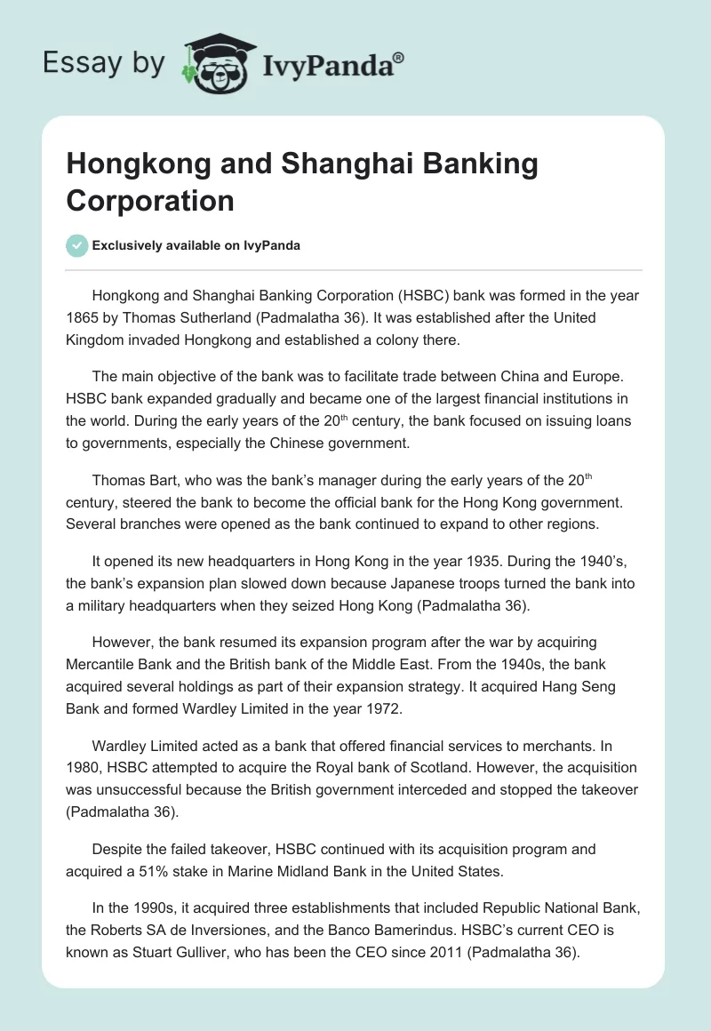 Hongkong and Shanghai Banking Corporation. Page 1