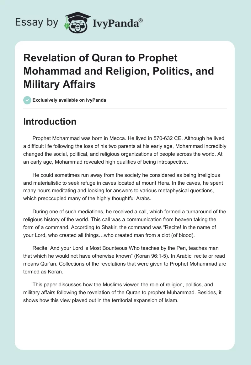 Revelation of Quran to Prophet Mohammad and Religion, Politics, and Military Affairs. Page 1