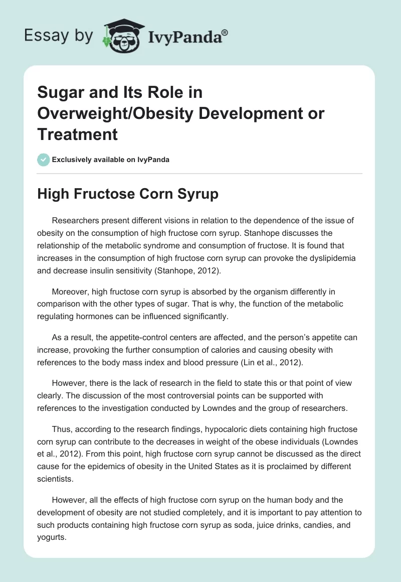 Sugar and Its Role in Overweight/Obesity Development or Treatment. Page 1