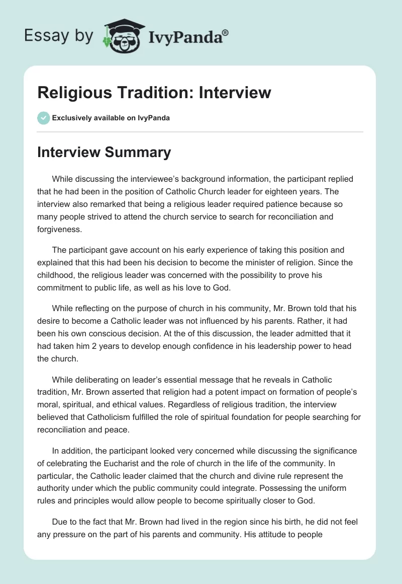 Religious Tradition: Interview. Page 1