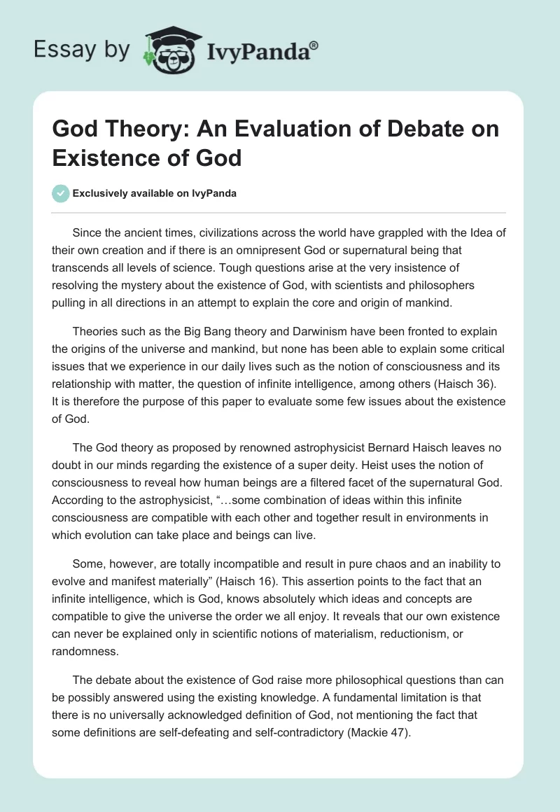 God Theory: An Evaluation of Debate on Existence of God. Page 1