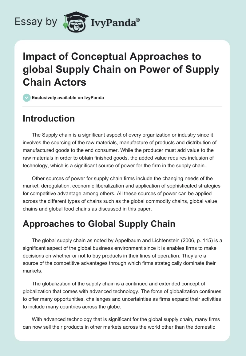 Impact of Conceptual Approaches to global Supply Chain on Power of Supply Chain Actors. Page 1