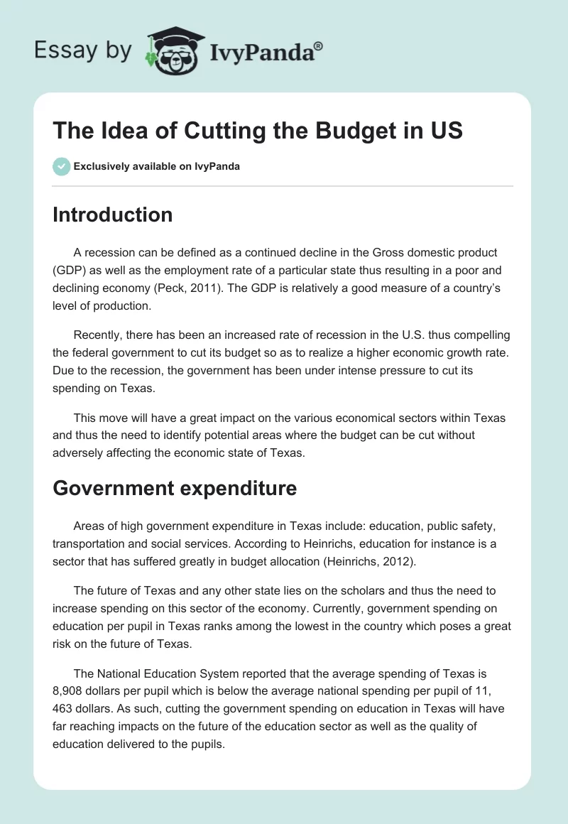 The Idea of Cutting the Budget in US. Page 1