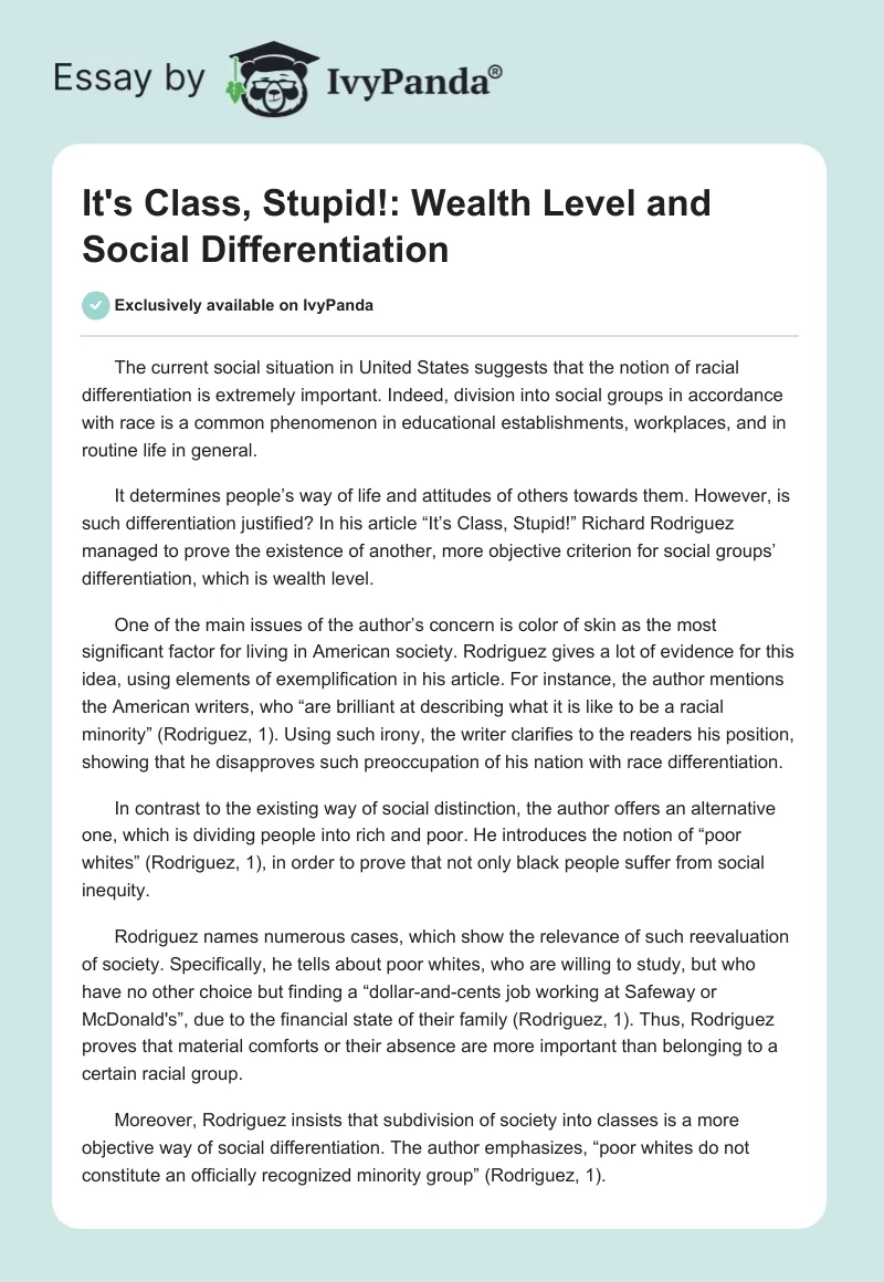 It's Class, Stupid!: Wealth Level and Social Differentiation. Page 1