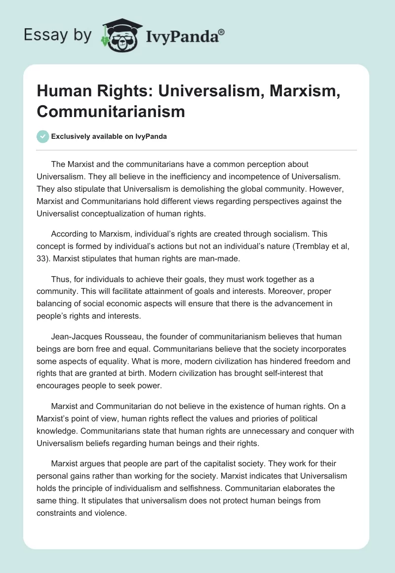 Human Rights: Universalism, Marxism, Communitarianism. Page 1