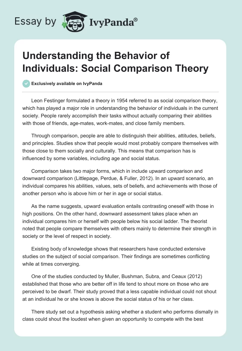 Understanding the Behavior of Individuals: Social Comparison Theory. Page 1