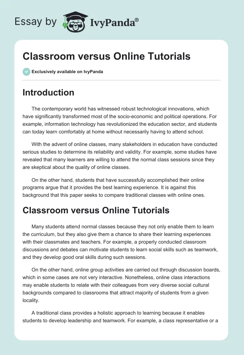 Classroom Versus Online Tutorials. Page 1