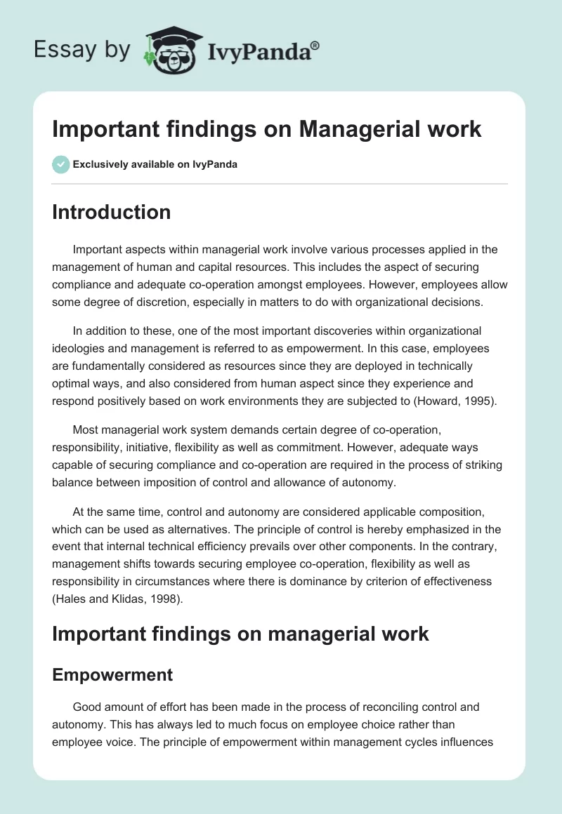 Important findings on Managerial work. Page 1