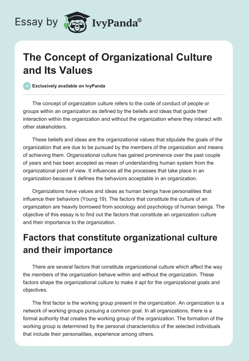 The Concept of Organizational Culture and Its Values. Page 1