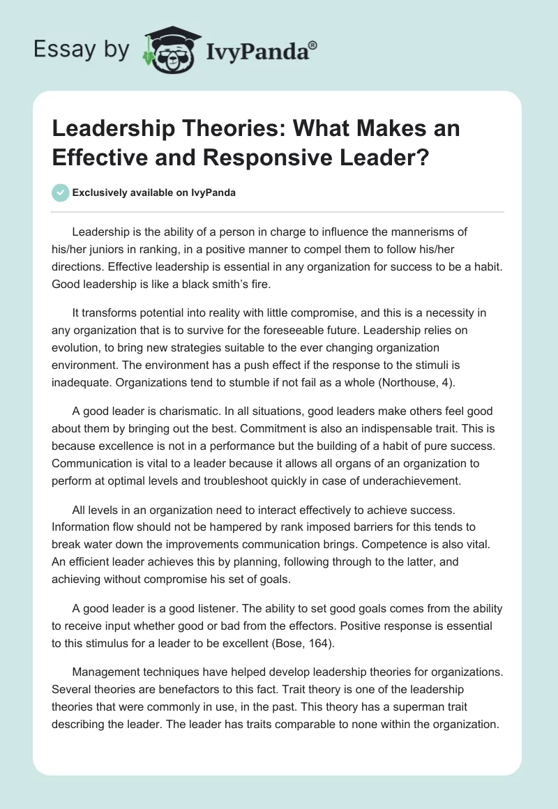 Leadership Theories: What Makes an Effective and Responsive Leader?. Page 1