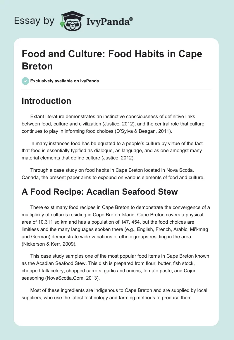 Food and Culture: Food Habits in Cape Breton. Page 1
