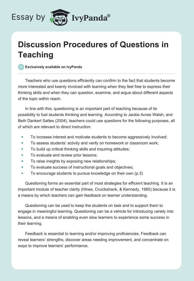 Discussion Procedures of Questions in Teaching. Page 1