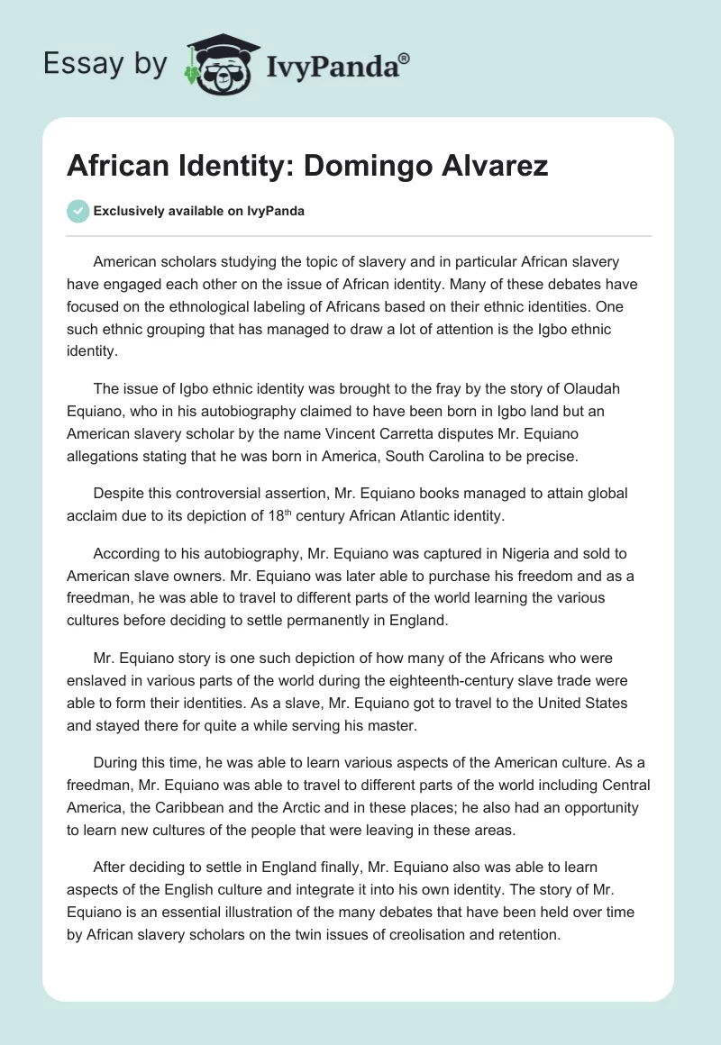 African Identity: Domingo Alvarez. Page 1