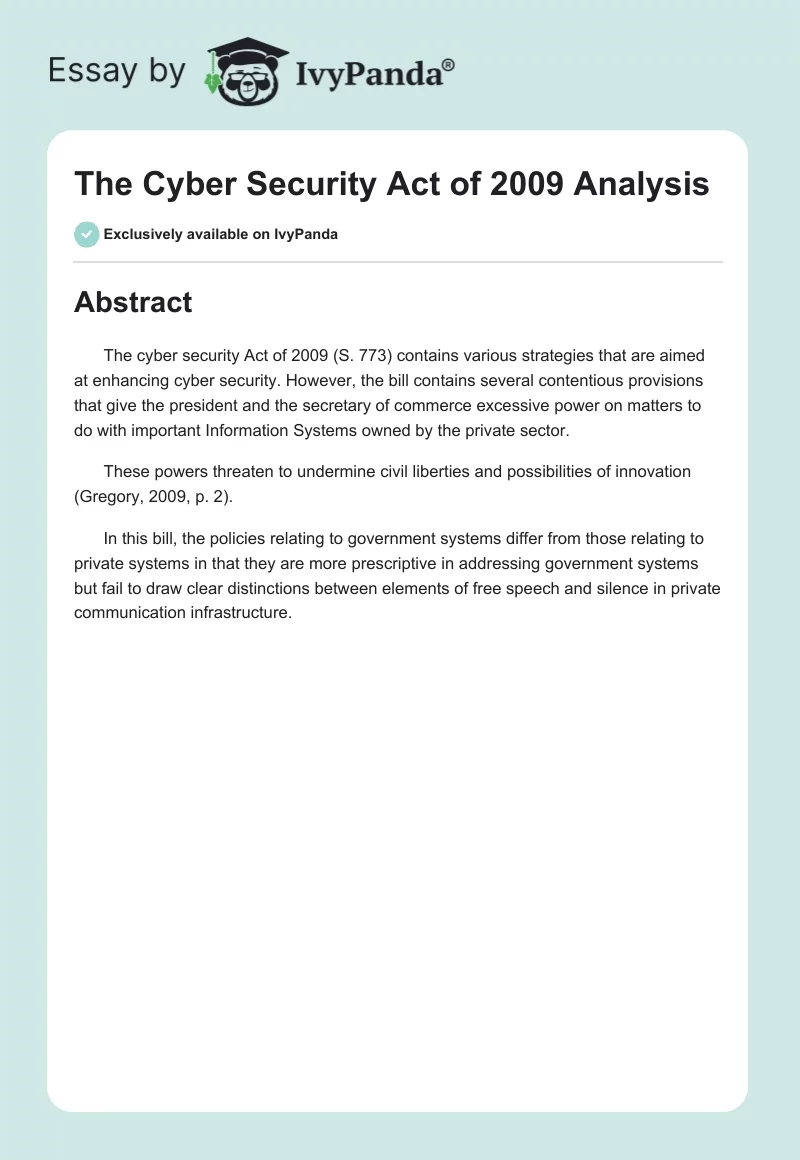 The Cyber Security Act of 2009 Analysis. Page 1
