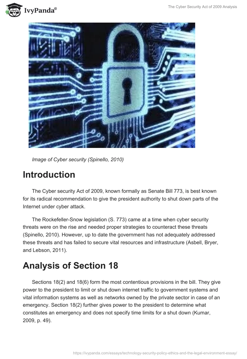 The Cyber Security Act of 2009 Analysis. Page 2