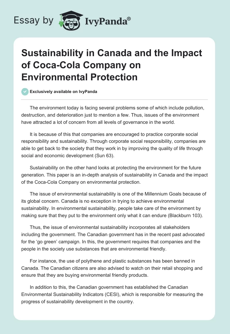 Sustainability in Canada and the Impact of Coca-Cola Company on Environmental Protection. Page 1