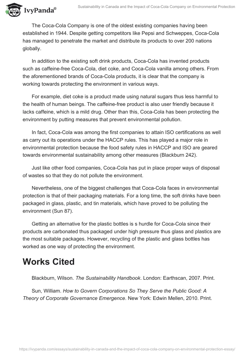 Sustainability in Canada and the Impact of Coca-Cola Company on Environmental Protection. Page 2