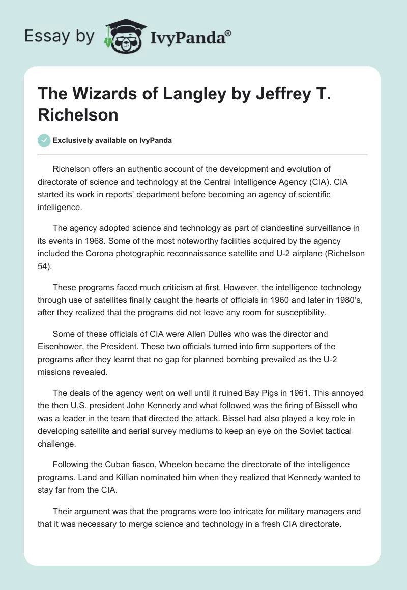 "The Wizards of Langley" by Jeffrey T. Richelson. Page 1