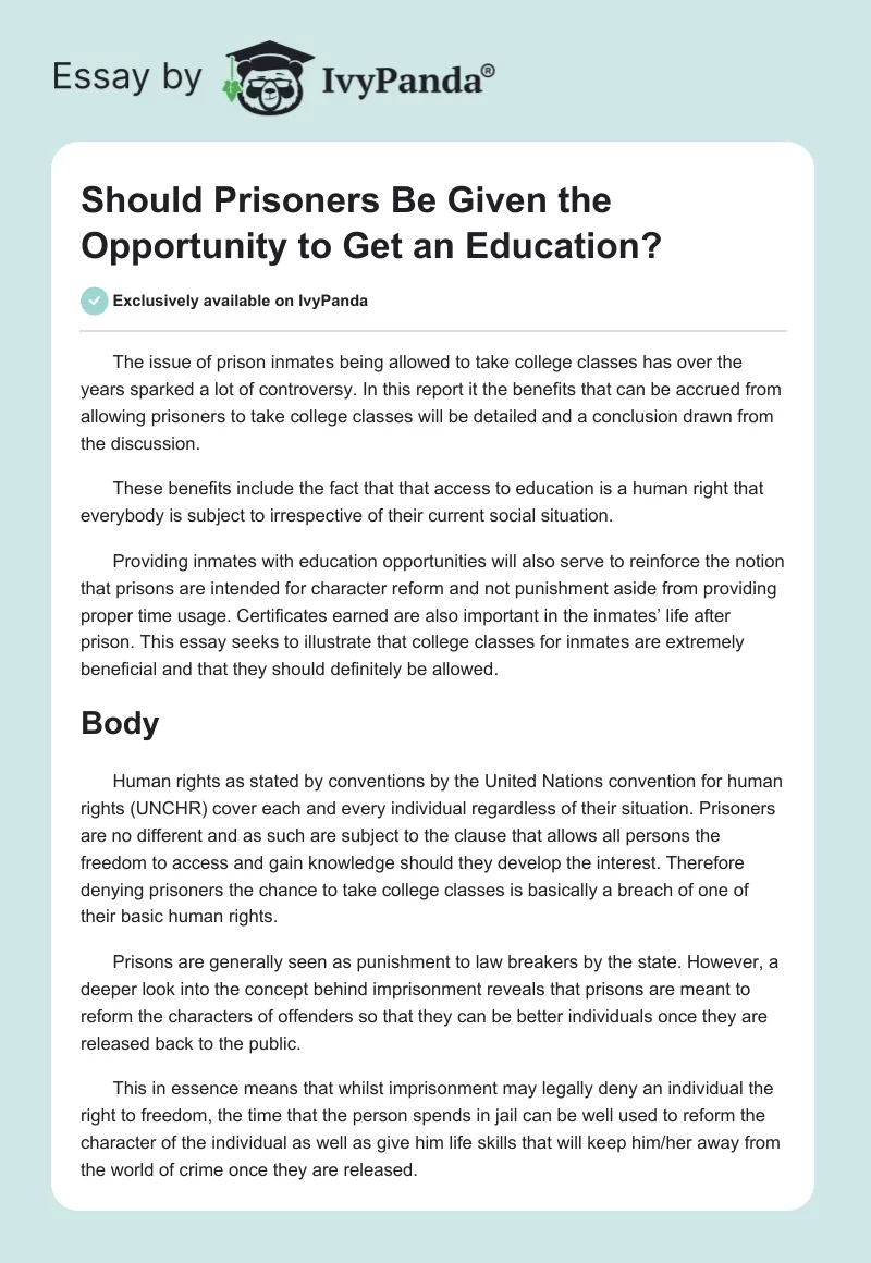 Should Prisoners Be Given the Opportunity to Get an Education?. Page 1