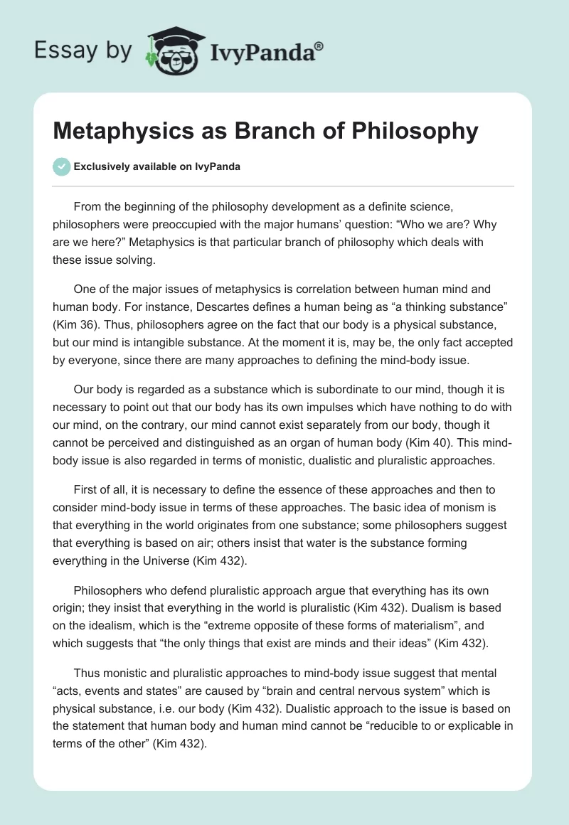 Metaphysics as Branch of Philosophy. Page 1