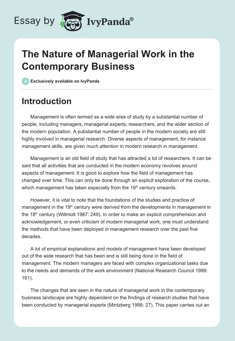 The Nature of Managerial Work in the Contemporary Business. Page 1