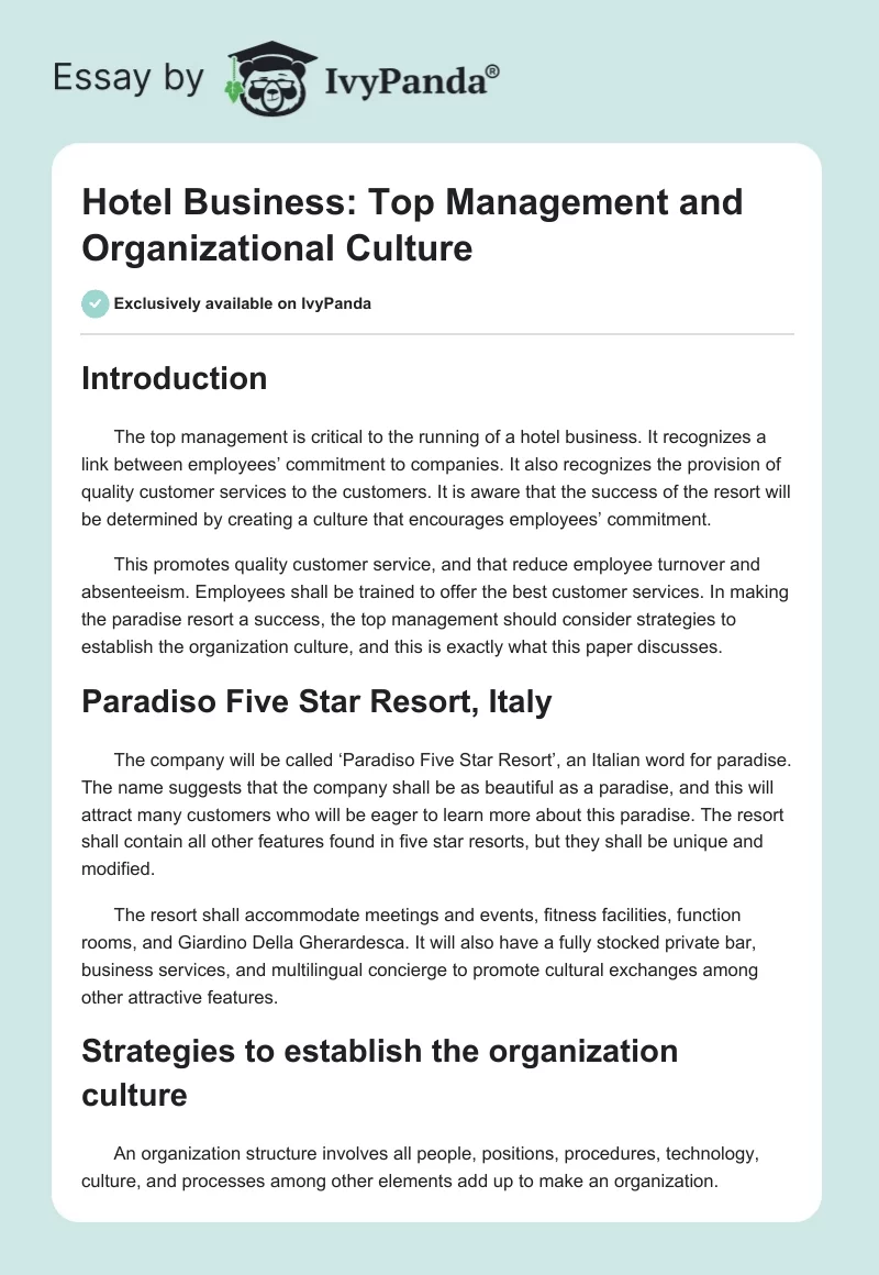Hotel Business: Top Management and Organizational Culture. Page 1