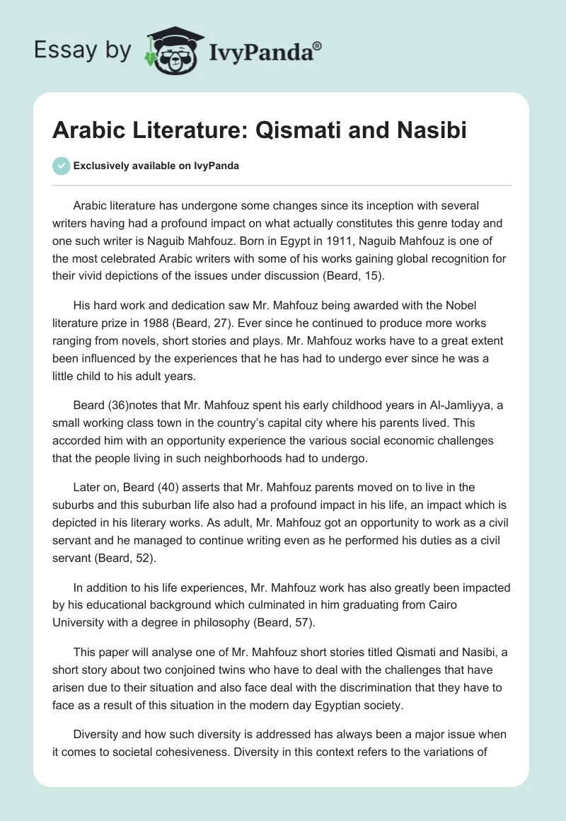 Arabic Literature: Qismati and Nasibi. Page 1