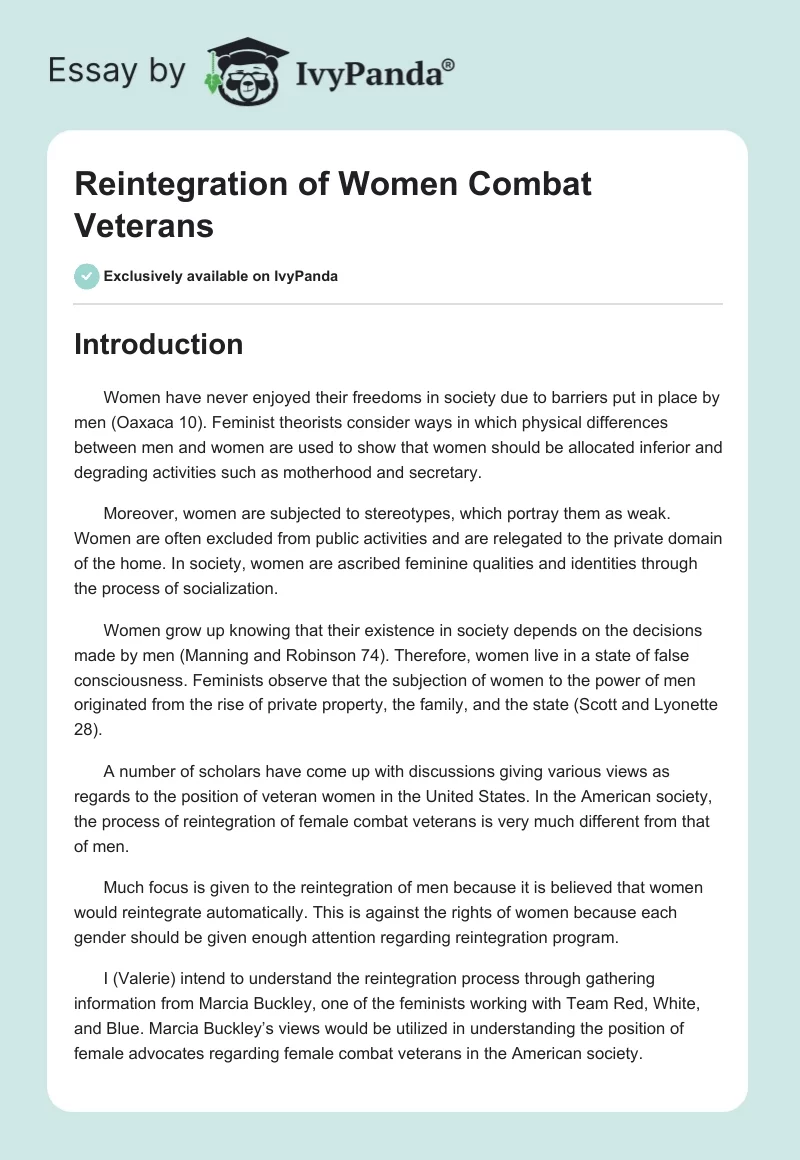 Reintegration of Women Combat Veterans. Page 1