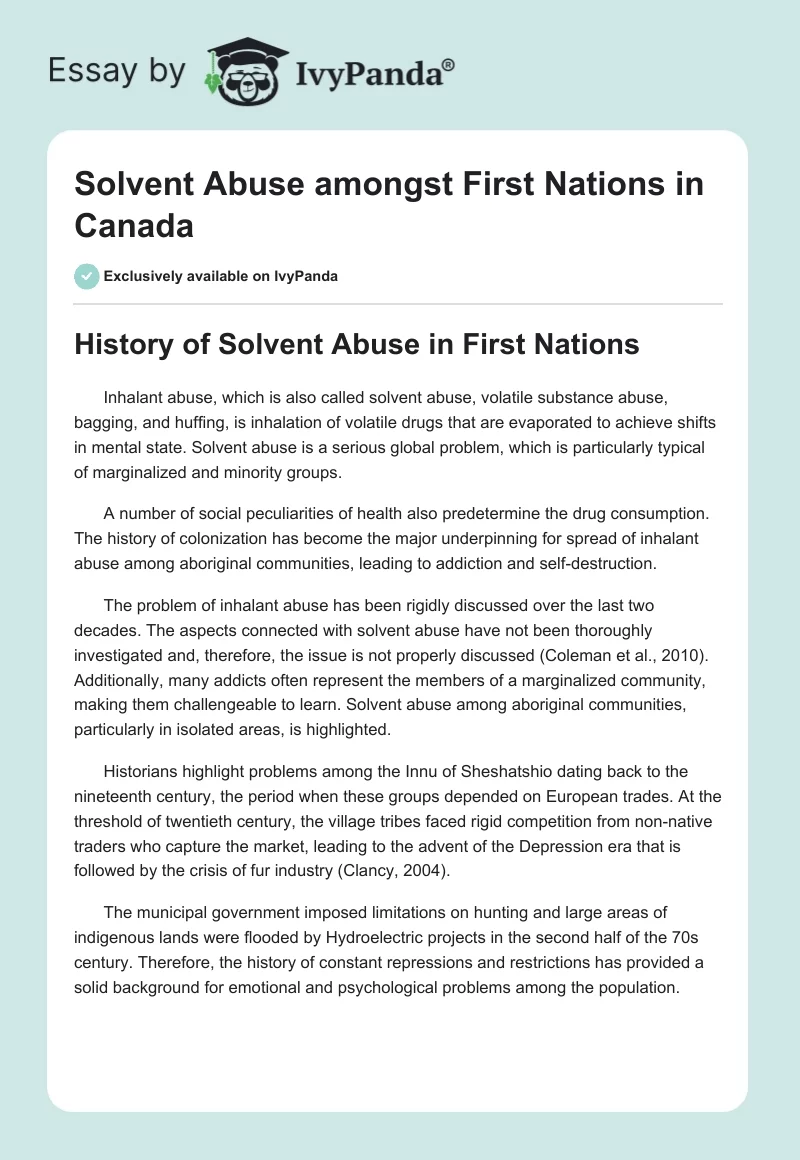 Solvent Abuse Amongst First Nations in Canada. Page 1